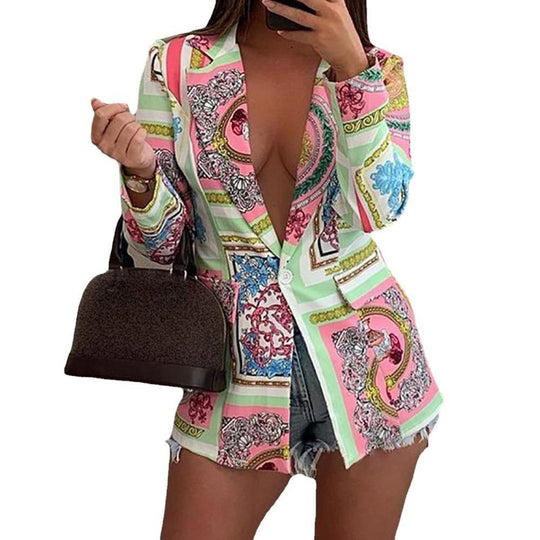 Damen Gemusterter Longline-Blazer mit Ein-Knopf-Verschluss und Seidentuch-Print Shop Nory