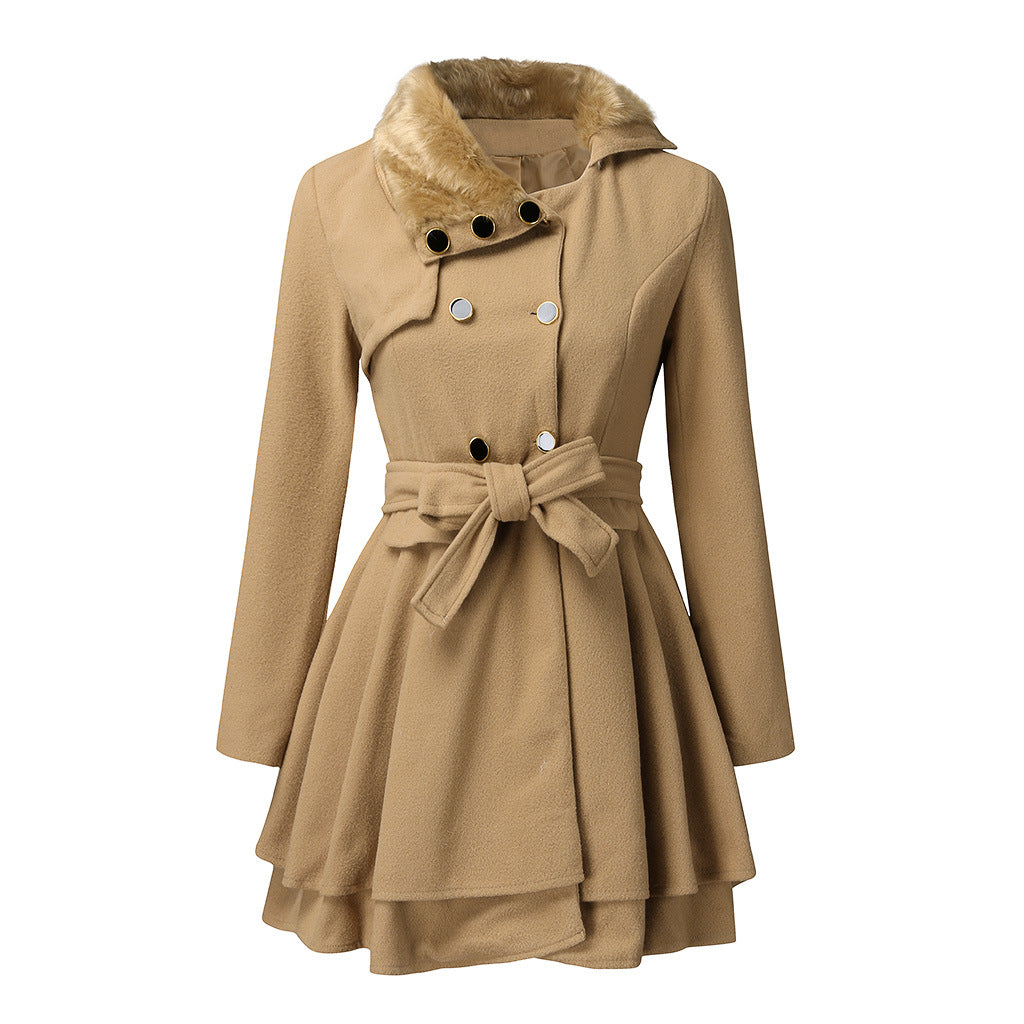 Damen A-Linien Wollmix-Mantel mit Taillengürtel doppelreihig und Kunstpelzkragen Shop Nory