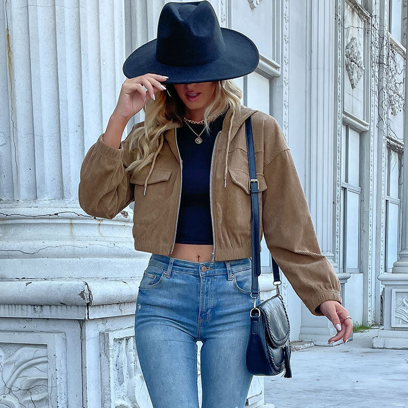 Damen Kurz geschnittene Cordjacke mit Kapuze, Reißverschluss und Pattentaschen Shop Nory