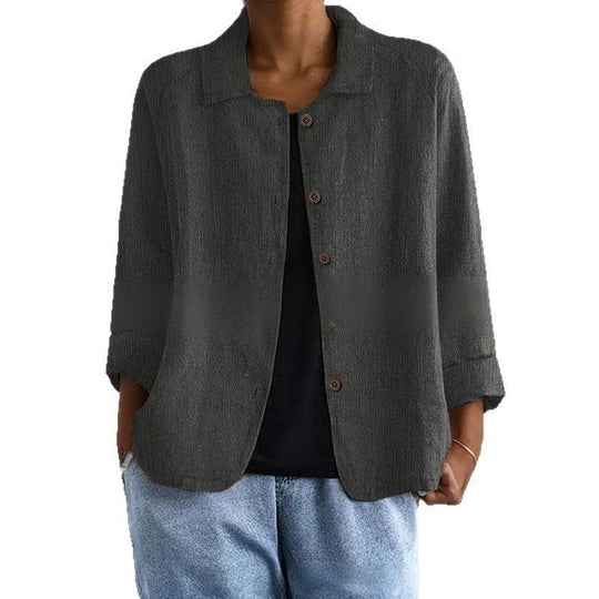 Damen Oversized Leinen-Hemdjacke mit Hemdkragen, 3/4-Ärmeln und durchgehender Knopfleiste Shop Nory
