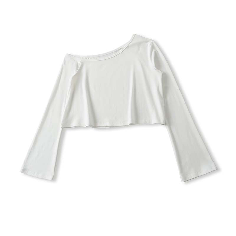 Damen Cropped Off-Shoulder Longsleeve mit ausgestellten Trompetenärmeln aus Jersey Shop Nory