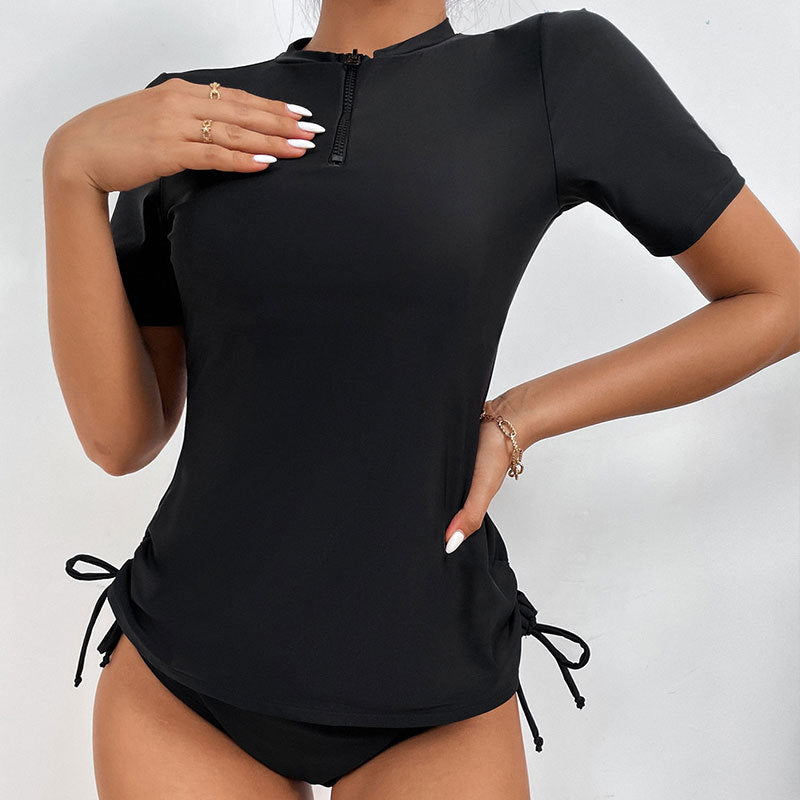 Damen Surf-Bikini-Oberteil mit kurzem Arm und hohem Kragen