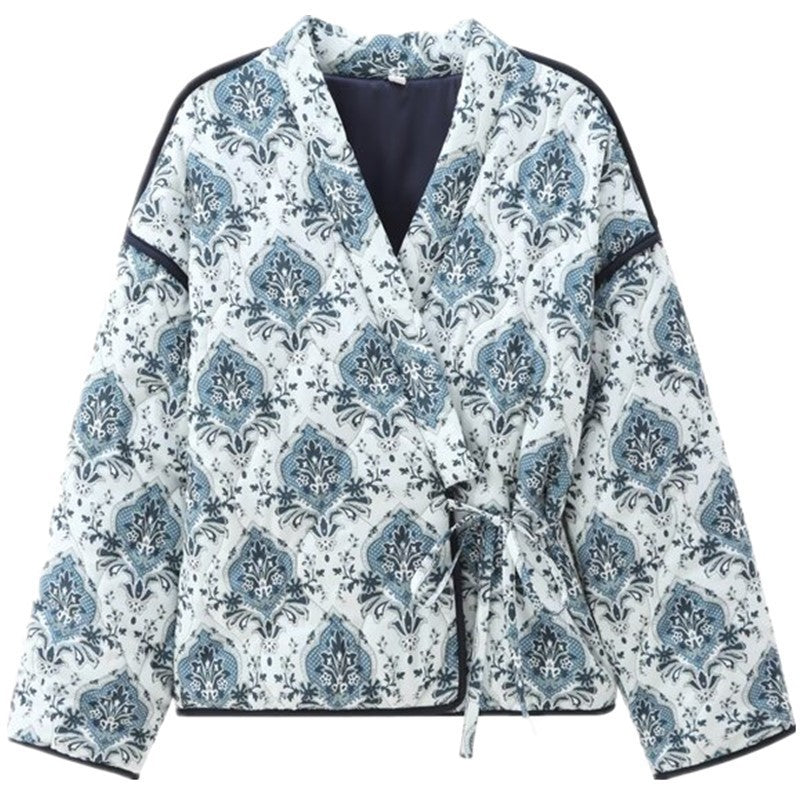 Damen gewattete Kimono-Jacke mit Taillengürtel und ornamentalem Print Shop Nory