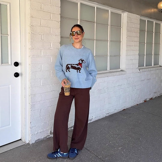 Damen Strickpullover mit Dackel‑Intarsia und entspanntem Oversize‑Schnitt Shop Nory