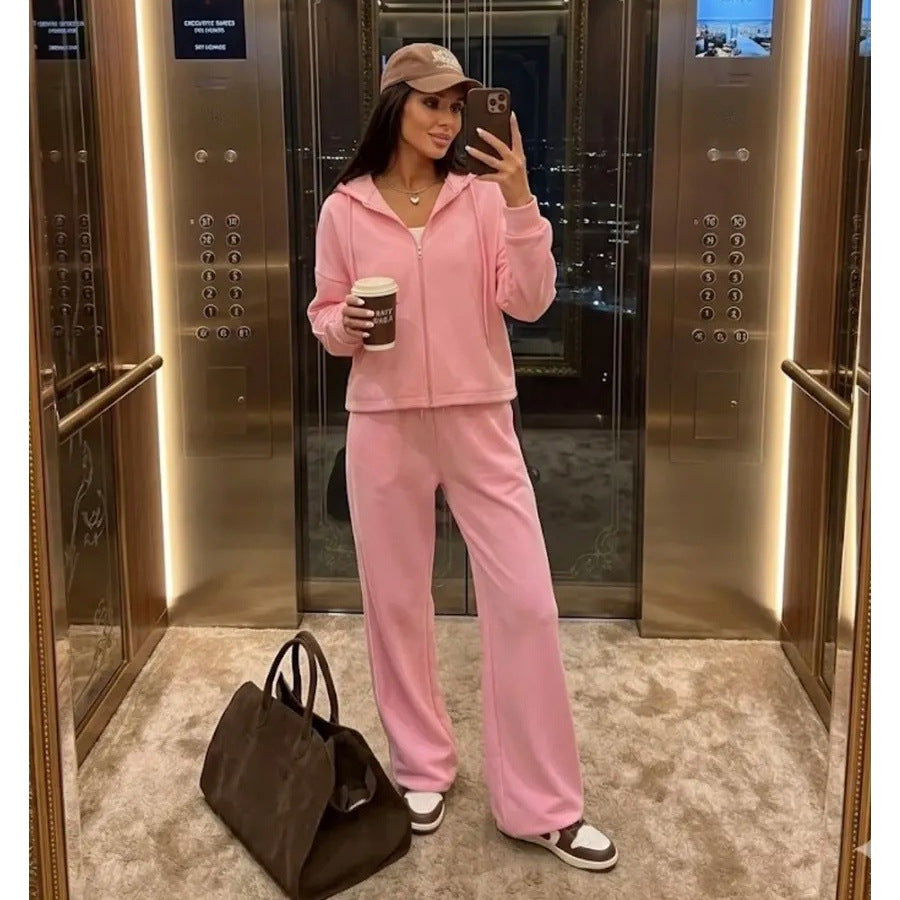 Damen lässiges Lounge-Set aus French-Terry mit Kurzzip-Hoodie und High-Waist Wide-Leg Jogginghose mit Kontrastpaspel Shop Nory