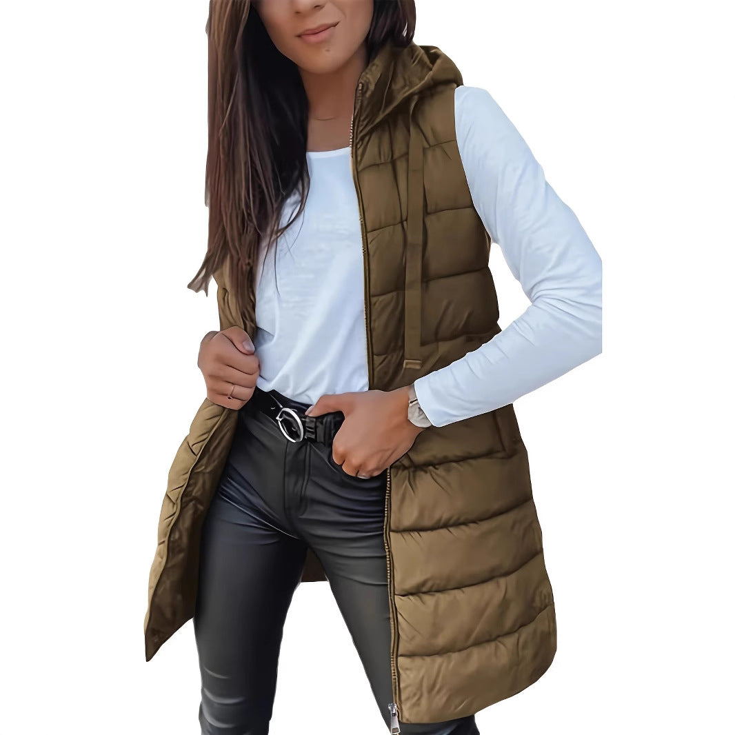 Damen Stylische gesteppte Weste mit Kapuze und langen Schnitt