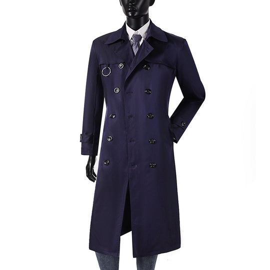 Herren Doppelreihiger Trenchcoat mit Taillierung, Reverskragen und dekorativem Metallring Shop Nory
