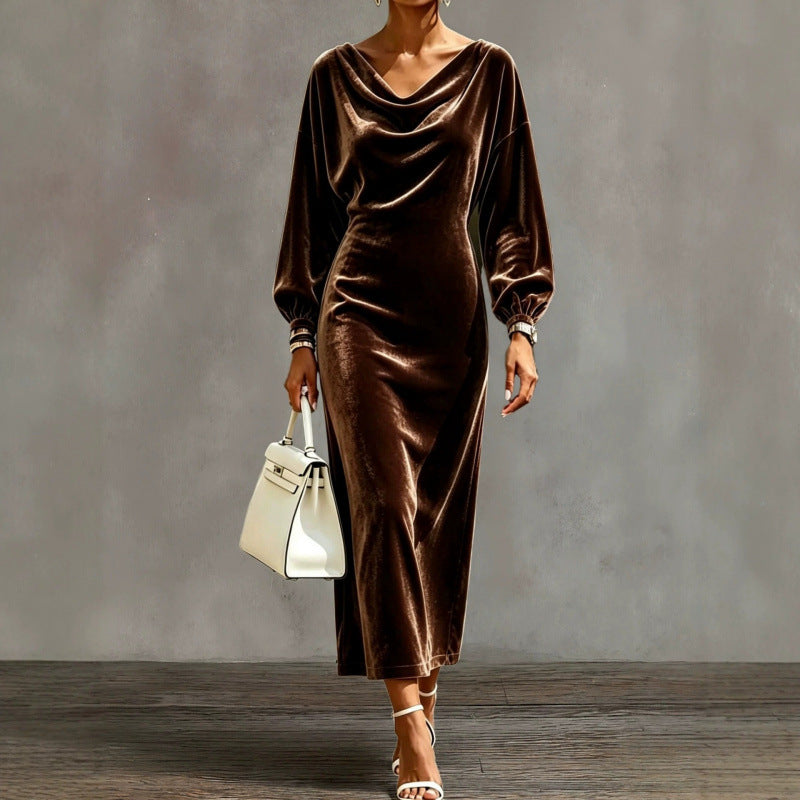 Damen Midikleid aus Samt mit drapiertem Wasserfallkragen und Ballonärmeln Shop Nory