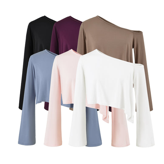 Damen Einschulter-Kurztop mit asymmetrischem Saum und Trompetenärmeln Shop Nory
