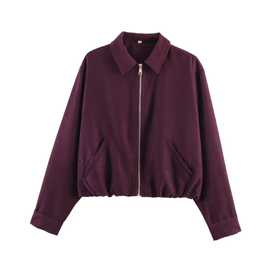 Damen Kurz geschnittene Bomberjacke mit Reißverschluss, Hemdkragen und elastischem Saum Shop Nory