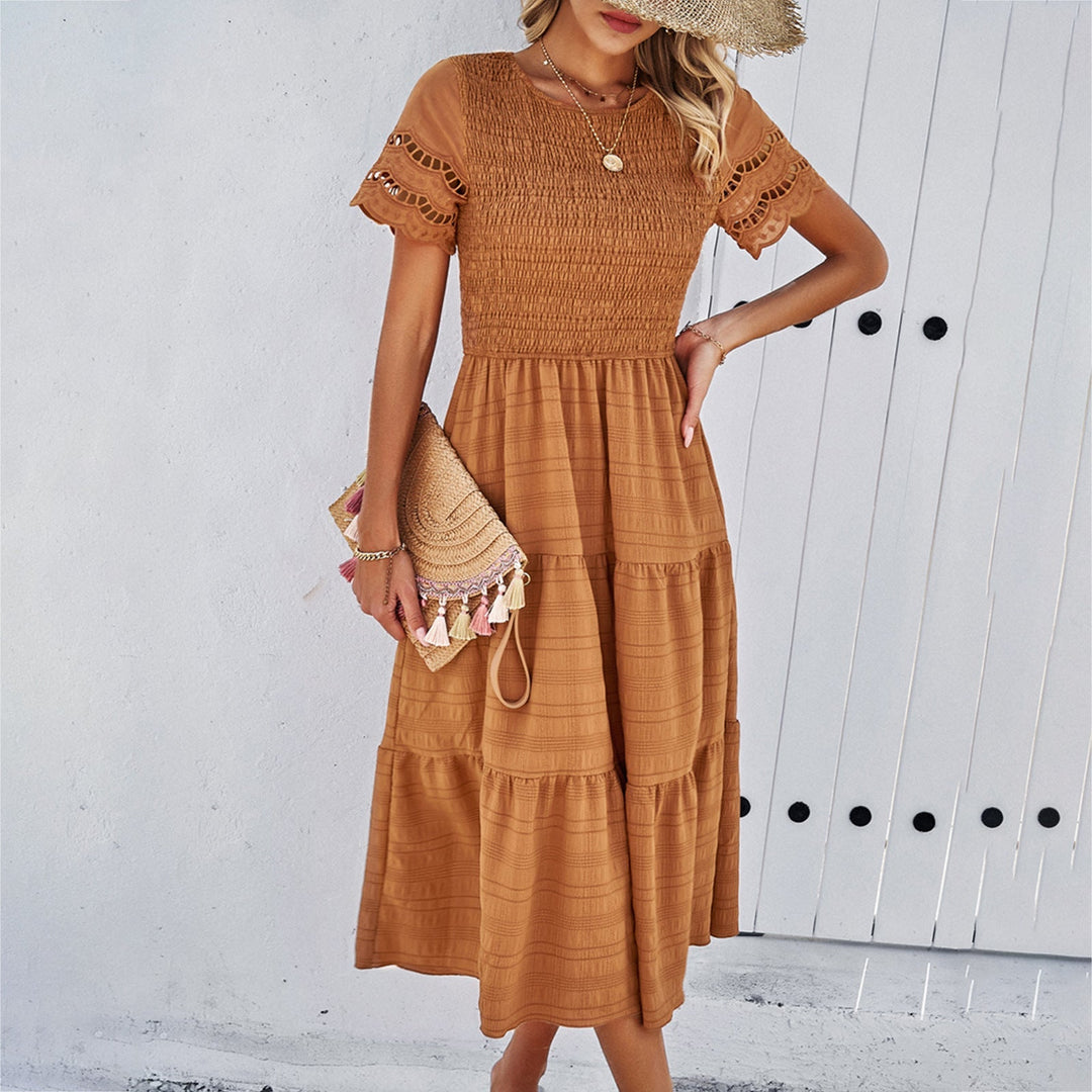 Damen Midikleid mit Puffärmeln und Elastischem Oberteil