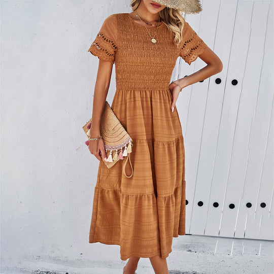 Damen Midikleid mit Puffärmeln und Elastischem Oberteil