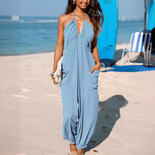Damen lässiger Jumpsuit mit tiefem Ausschnitt und praktischen Taschen