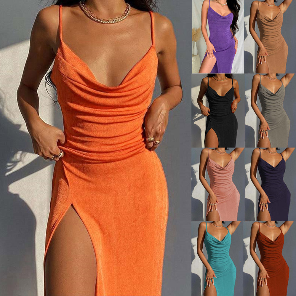 Damen Maxikleid mit tiefem Wasserfalldekolleté und hohem Schlitz