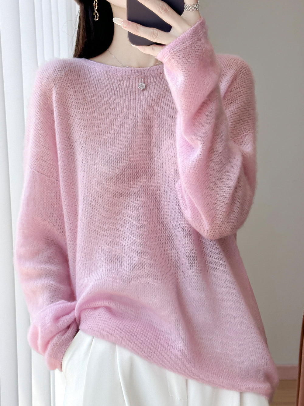 Damen Ultraleichter Mohair‑Look Oversize-Pullover mit U-Boot-Ausschnitt und überschnittener Schulter Shop Nory