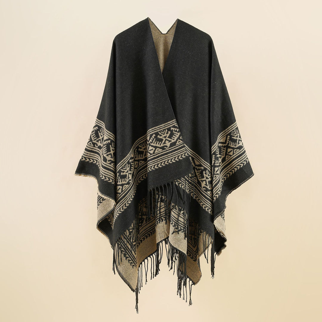 Damen Wolloptik-Überwurf im Kimono-Stil mit grafischem Bordürenjacquard und Fransensaum Shop Nory