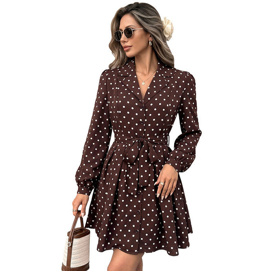 Damen Gepunktetes Hemdblusenkleid mit Taillengürtel und schwingender A-Linie Shop Nory