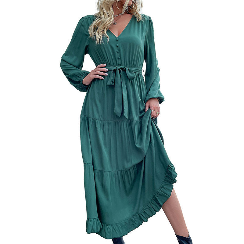Damen Langes Satin‑Optik Stufenkleid mit V‑Ausschnitt, Bindegürtel und Volantsaum Shop Nory