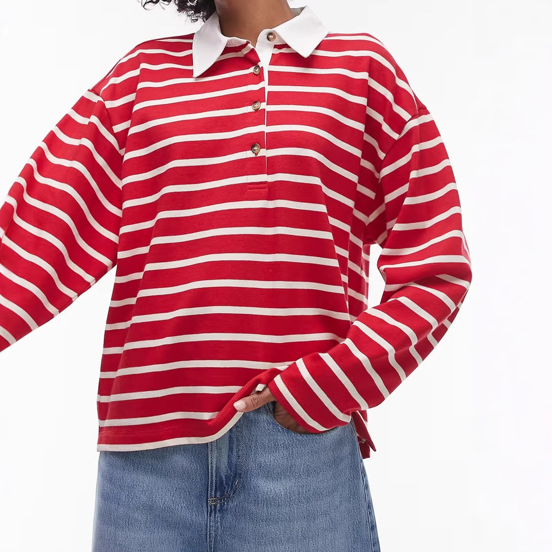 Damen Lässiger gestreifter Shirt mit Polokragen