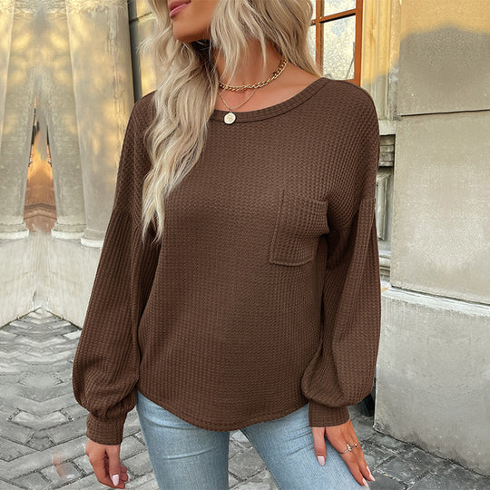 Damen Waffelstrick-Langarmshirt mit Oversize-Brusttasche und Ballonärmeln Shop Nory