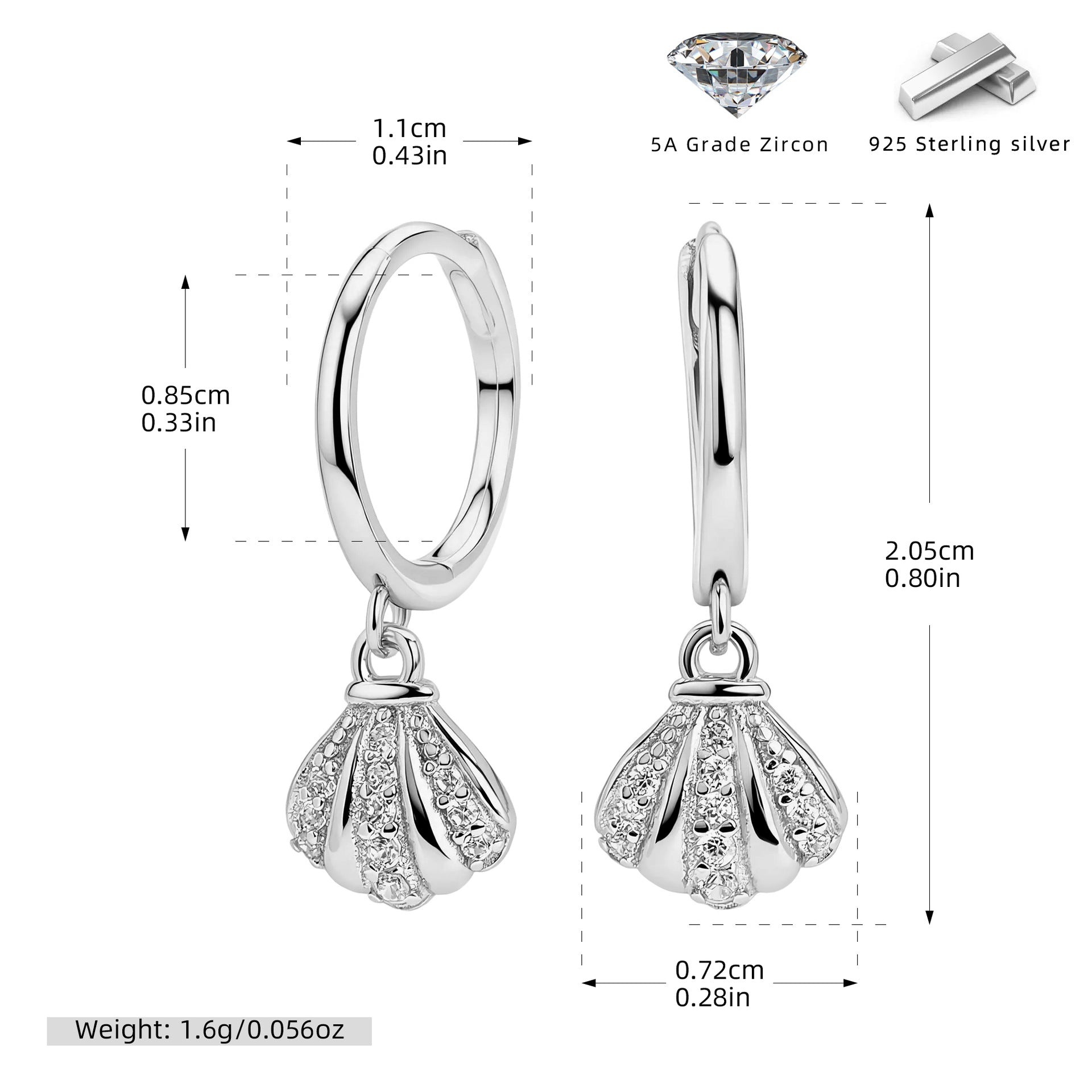 Damen Creolen mit funkelndem Zirkonanhänger im eleganten Muscheldesign Shop Nory