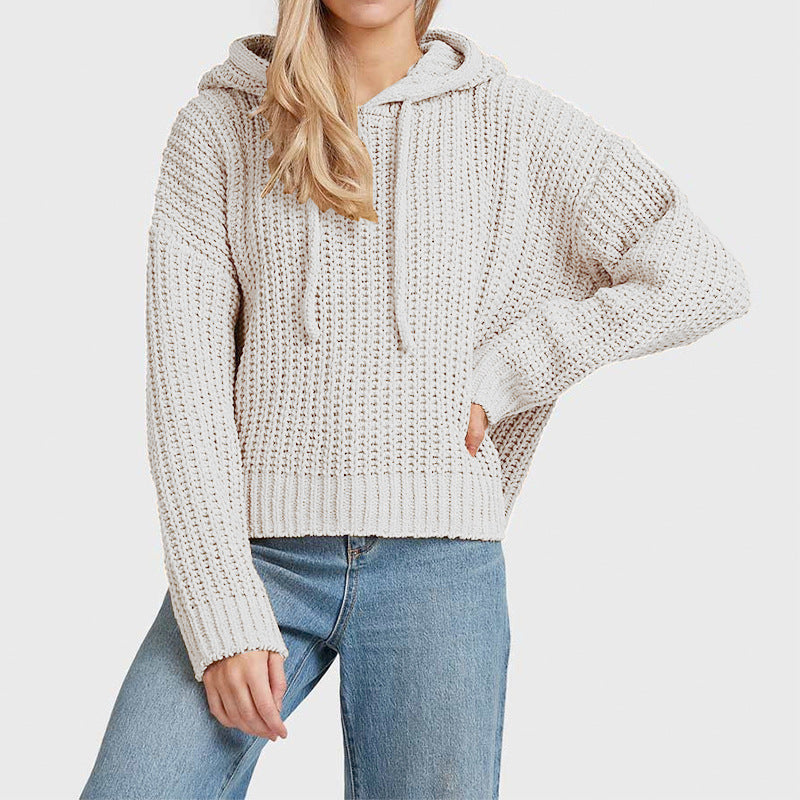 Damen Grobstrick-Kapuzenpullover mit Waffelstruktur, überschnittener Schulter und kurzem Saum Shop Nory