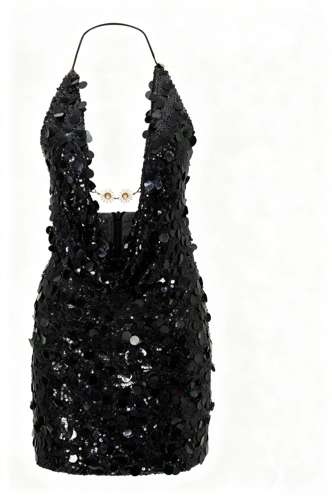 Damen Glitzerndes Minikleid mit tiefem V-Ausschnitt und Troddel-Applikationen Shopnory