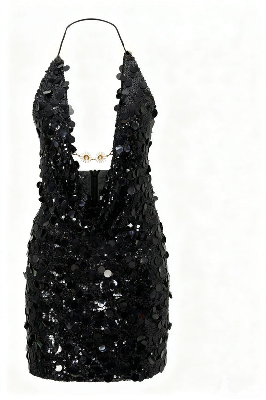 Damen Glitzerndes Minikleid mit tiefem V-Ausschnitt und Troddel-Applikationen Shopnory