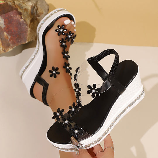 Damen Plateau-Sandalen mit transparentem PVC-Riemen und Blumenapplikation Shop Nory