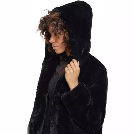 Damen Midilanger Kapuzen-Kunstpelzmantel mit offener Front und gefütterten Eingrifftaschen Shop Nory