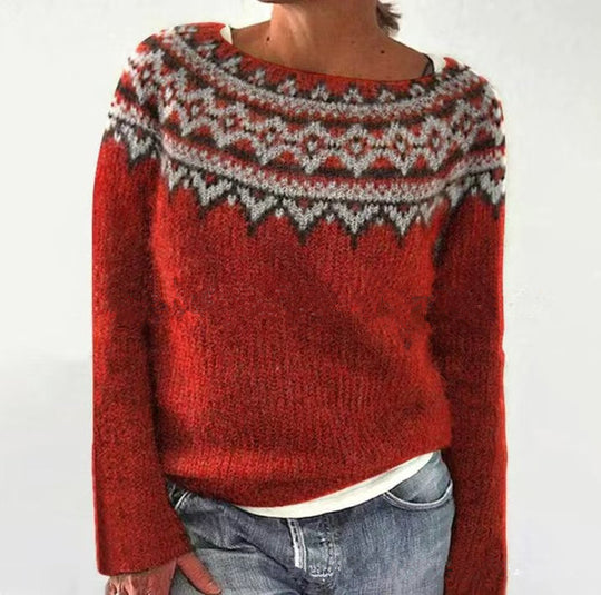 Damen nan melierter Rundhalsausschnittpullover mit kreisförmigem Jacquard-Yoke und geripptem Saum Shop Nory