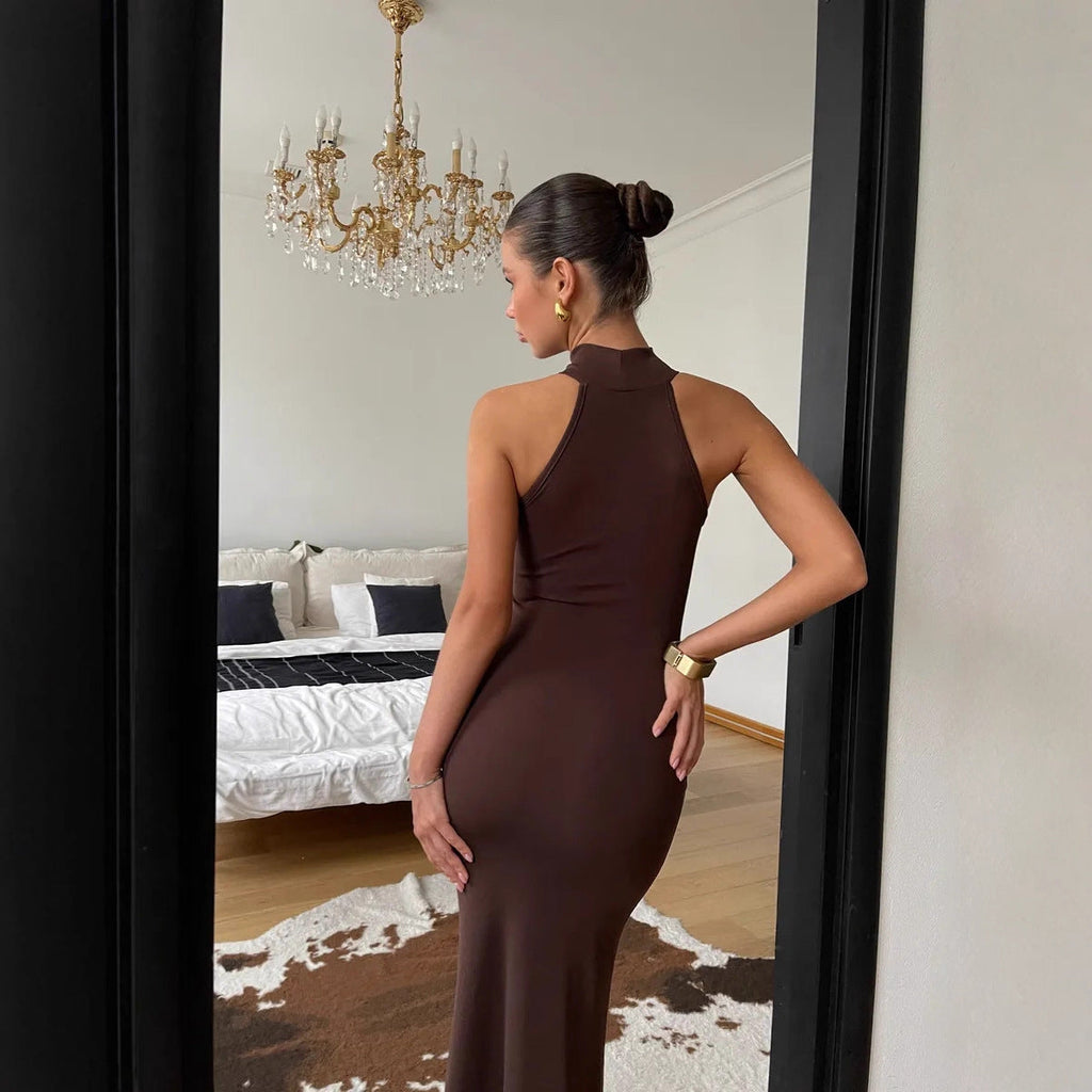 Damen Maxikleid mit elegantem Stehkragen und figurformendem Schnitt