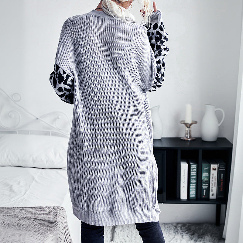Damen Langer Offener Strickcardigan mit Leopardenmusterärmeln und geripptem Saum Shop Nory