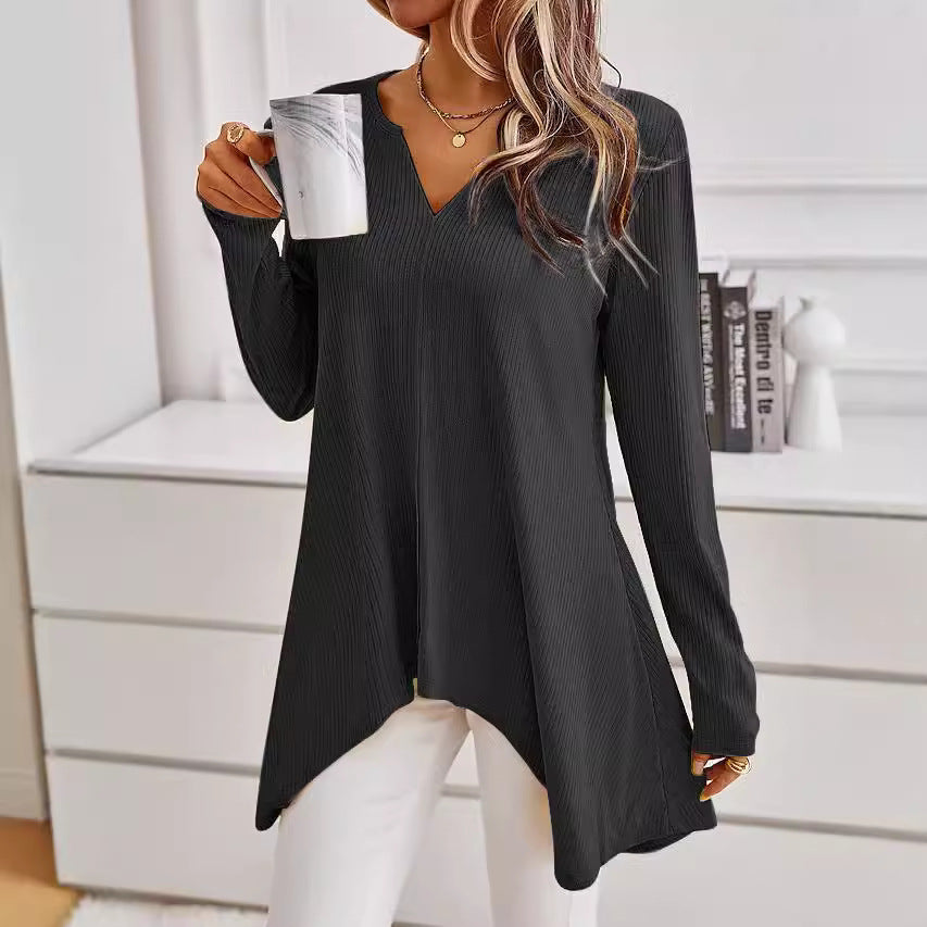 Damen Ripp Longsleeve Tunika mit V-Ausschnitt und asymmetrischem Haifischsaum Shop Nory