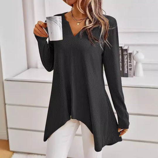 Damen Ripp Longsleeve Tunika mit V-Ausschnitt und asymmetrischem Haifischsaum Shop Nory