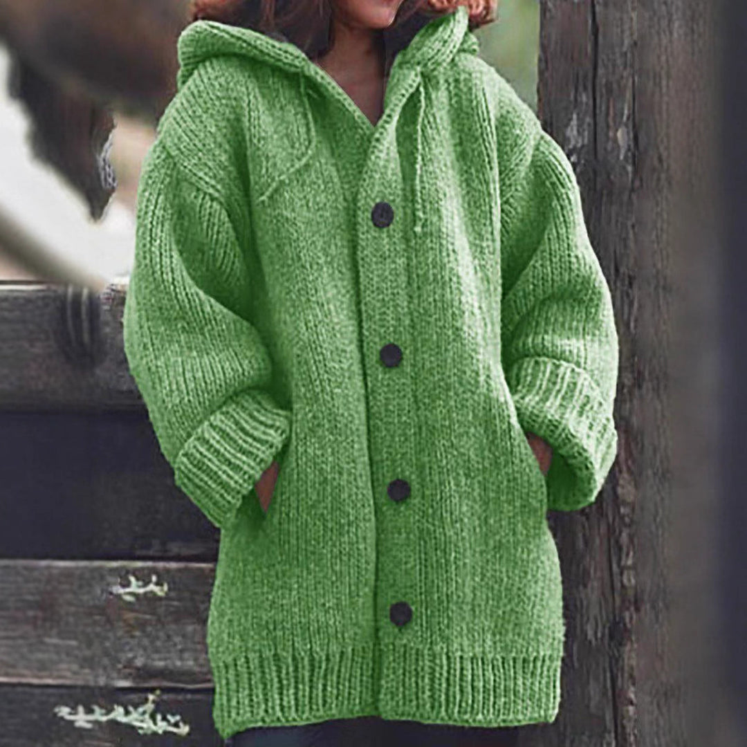 Damen Langgezogener Grobstrick-Mantelcardigan mit Kapuze, überschnittener Schulter und großen Knöpfen Shop Nory