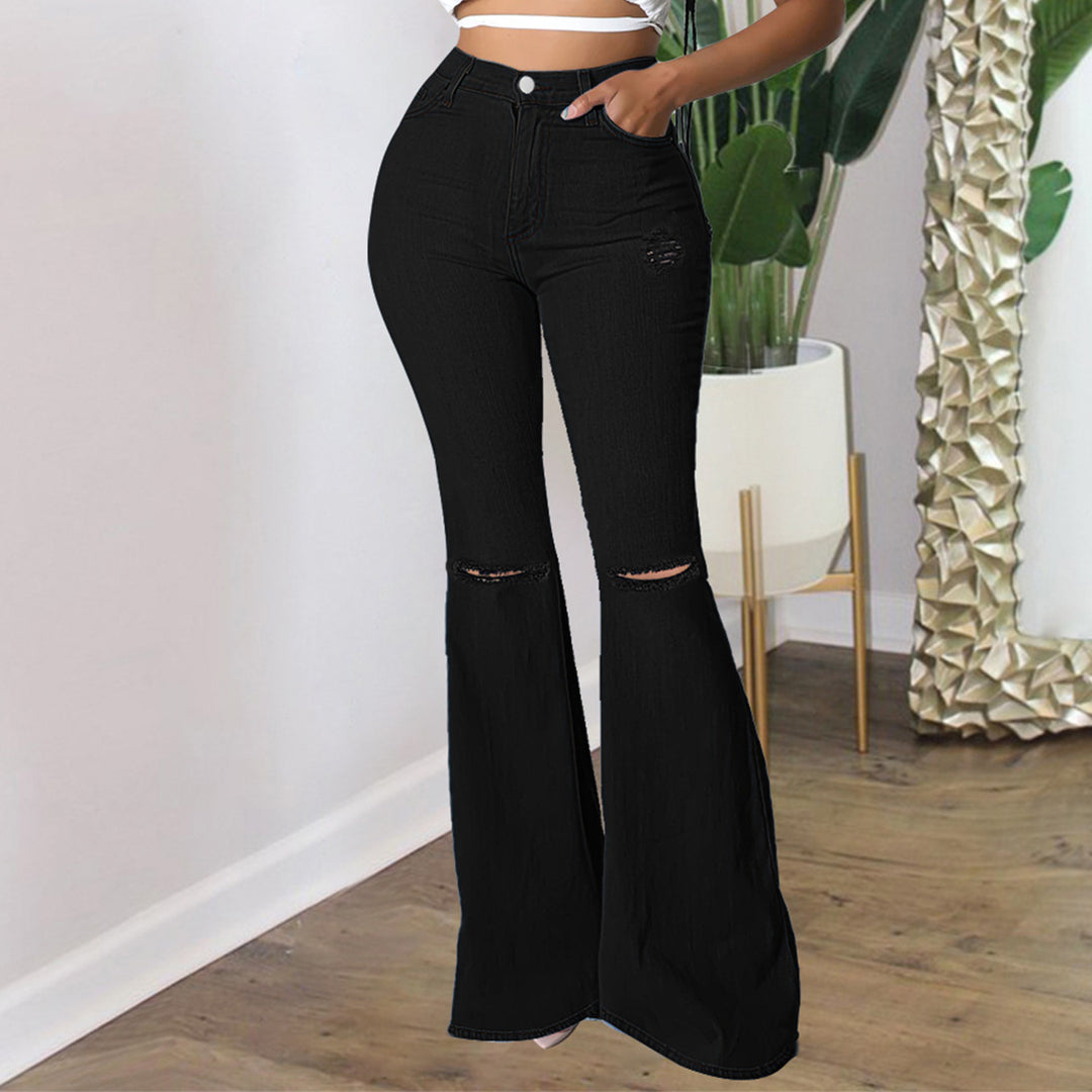 Damen Hochtaillierte Schlaghose aus Stretch‑Denim mit Knieausrissen und formendem Bund Shop Nory