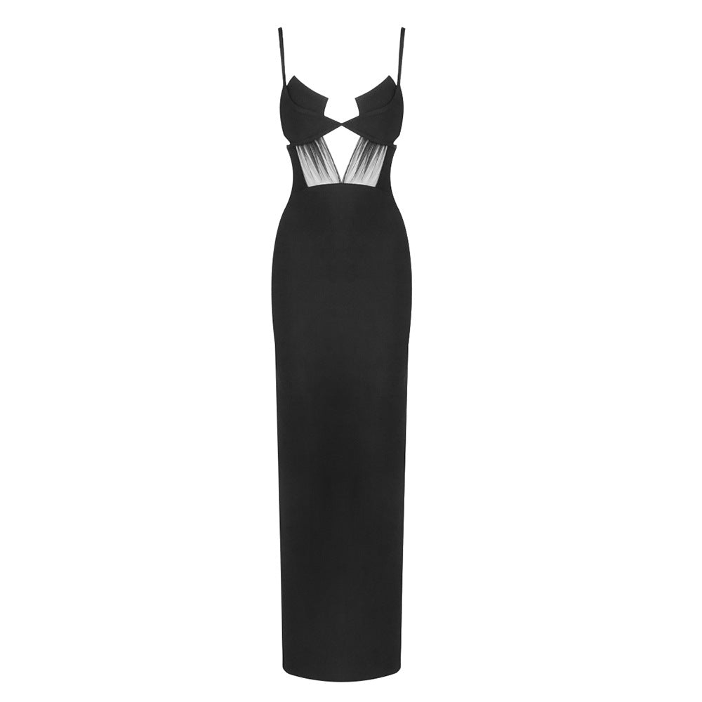 Damen elegantes Cut-Out Maxikleid mit tiefem V-Ausschnitt und transparenten Akzenten