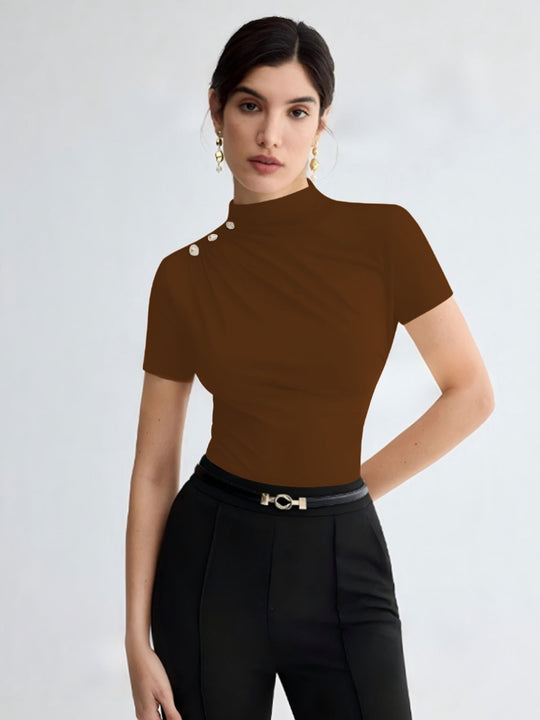 Damen elegantes Oberteil mit dekorativen Knopfdetails und modernem Stehkragen