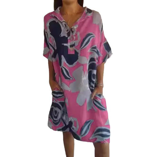 Damen luftiges Strandkleid mit modischem Muster und seitlichen Taschen