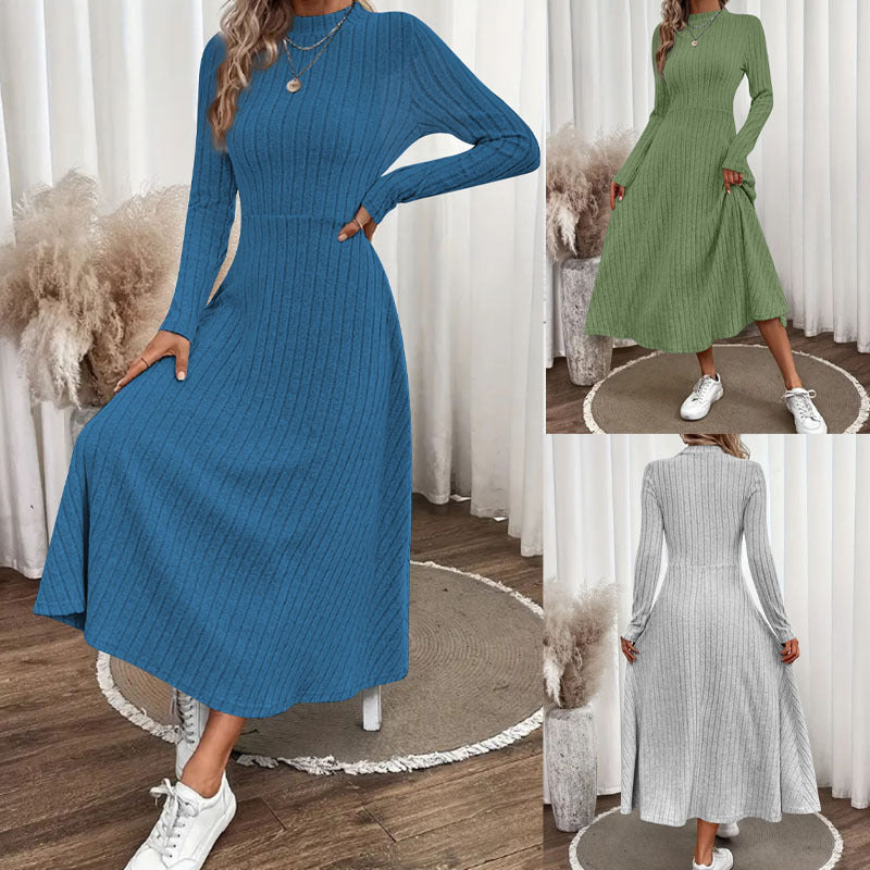 Damen Geripptes Strickmidikleid mit hohem Stehkragen und taillierter A-Linie Shop Nory