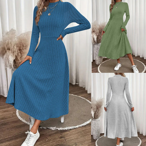 Damen Geripptes Strickmidikleid mit hohem Stehkragen und taillierter A-Linie Shop Nory