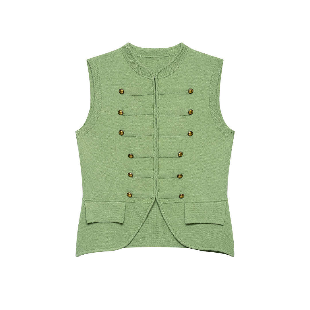 Damen Ärmellose Strickweste im Militärstil mit dekorativen Metallknöpfen und aufgesetzten Taschen Shop Nory