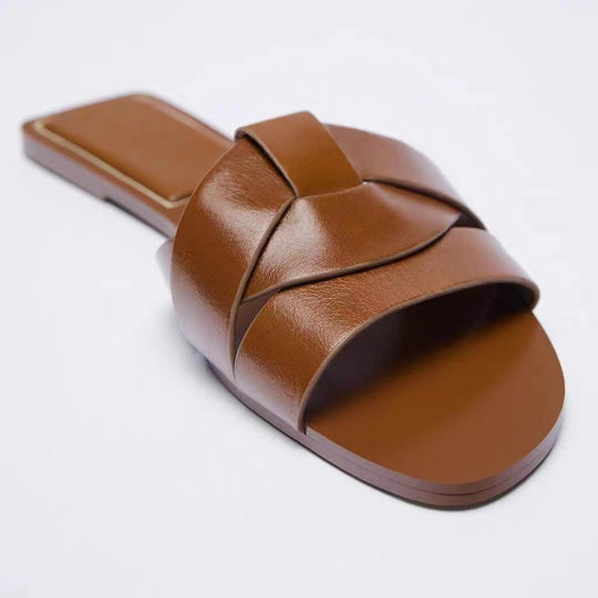 Damen Jeans-Optik Slide-Sandalen mit gekreuzten Stoffriemen und flacher Komfortsohle Shop Nory