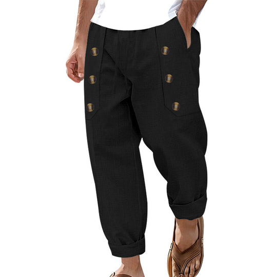 Herren Bequeme Leinenhose mit seitlichen Knöpfen und elastischem Bund