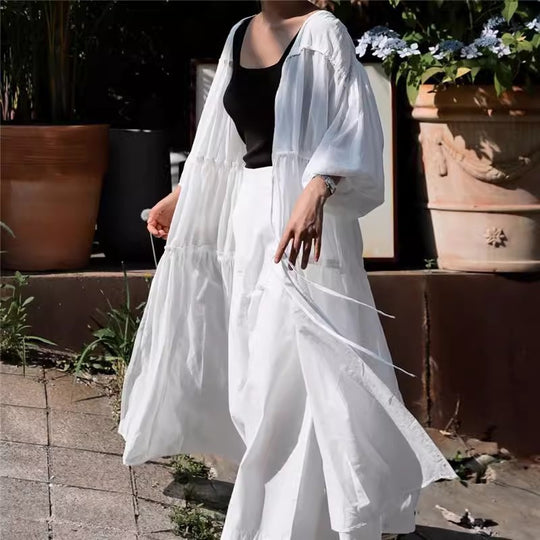 Damen Langes Stufen-Tunikakleid aus leichtem Baumwollmix mit seitlichen Schlitzen und Ballonärmeln Shop Nory