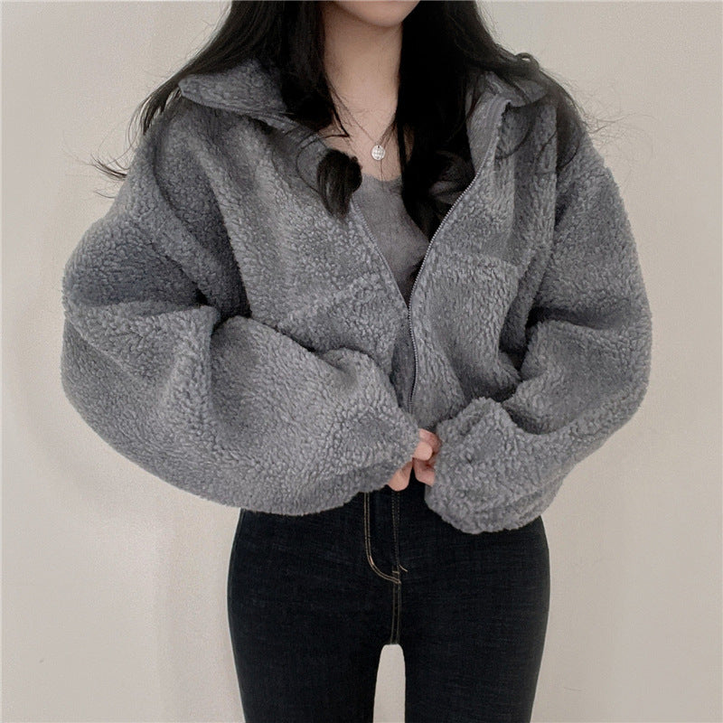 Damen kuschelige Fleece-Jacke mit hohem Kragen und Reißverschluss