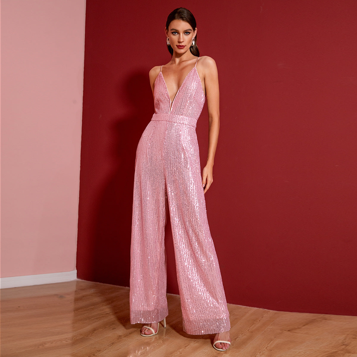 Damen Glitzernder Jumpsuit mit tiefem V-Ausschnitt und weitem Beinschnitt