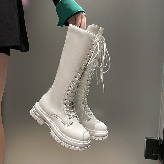 Damen Kniehohe Schnürstiefel mit seitlichem Reißverschluss und grober Profilsohle Shop Nory