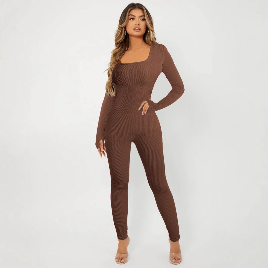 Damen Langarm Jumpsuit im eleganten Rippenmuster